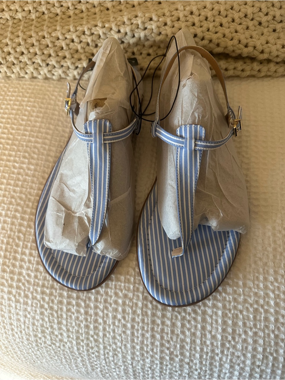 torrid Blue and White Striped T‑Strap Sandals